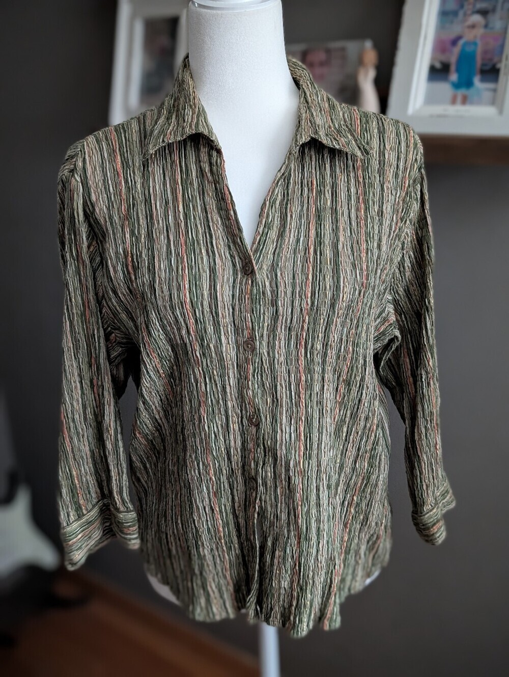Vintage 90s Olive Green Stripe Crinkle Button Up Shirt Large Earthy Boho Granola
